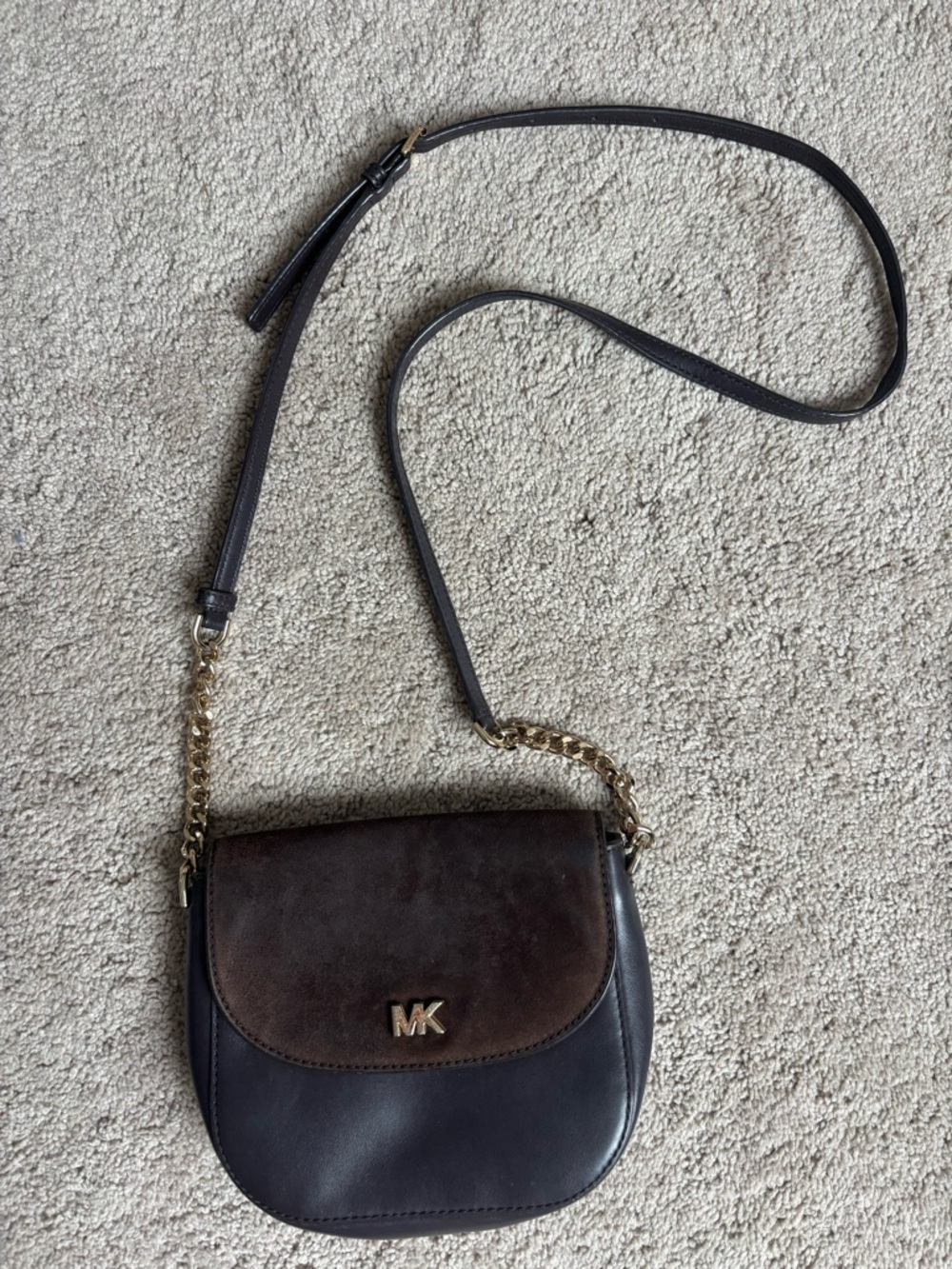 Michael Kors Black and Brown Leather Crossbody with Gold Chain